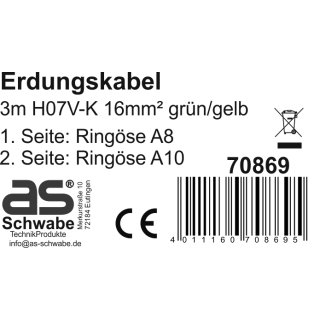 As-Schwabe Erdungskabel 3 M – 16 Mm², Gelb/grün, Mit Ringösen A8 & A10, Für Baustelle & Außenbereich